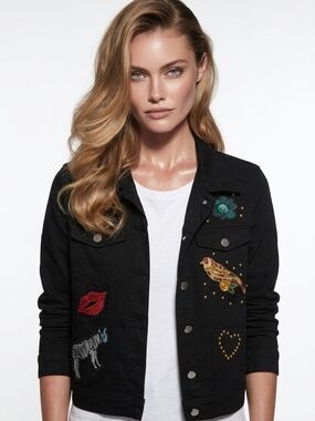 Black Embroidered Patch Faux Denim Jacket - Women's